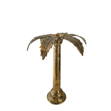 Palm tree brass candle holder with curved fronds, a textured trunk and round base on a white background.

